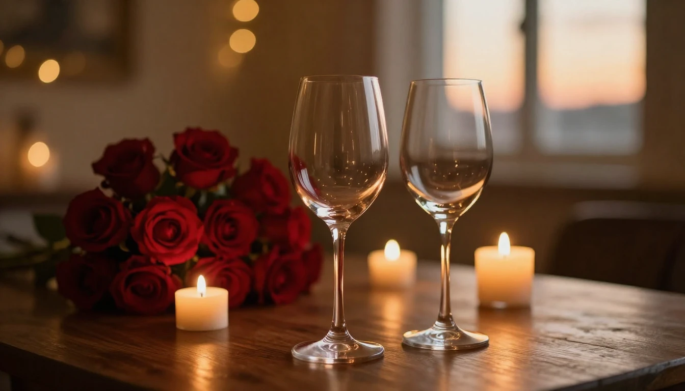 A romantic and intimate scene featuring two elegant wine gla...