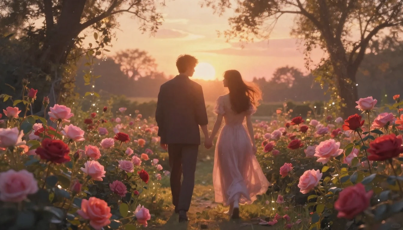 A dreamy and ethereal scene of two silhouettes walking throu...