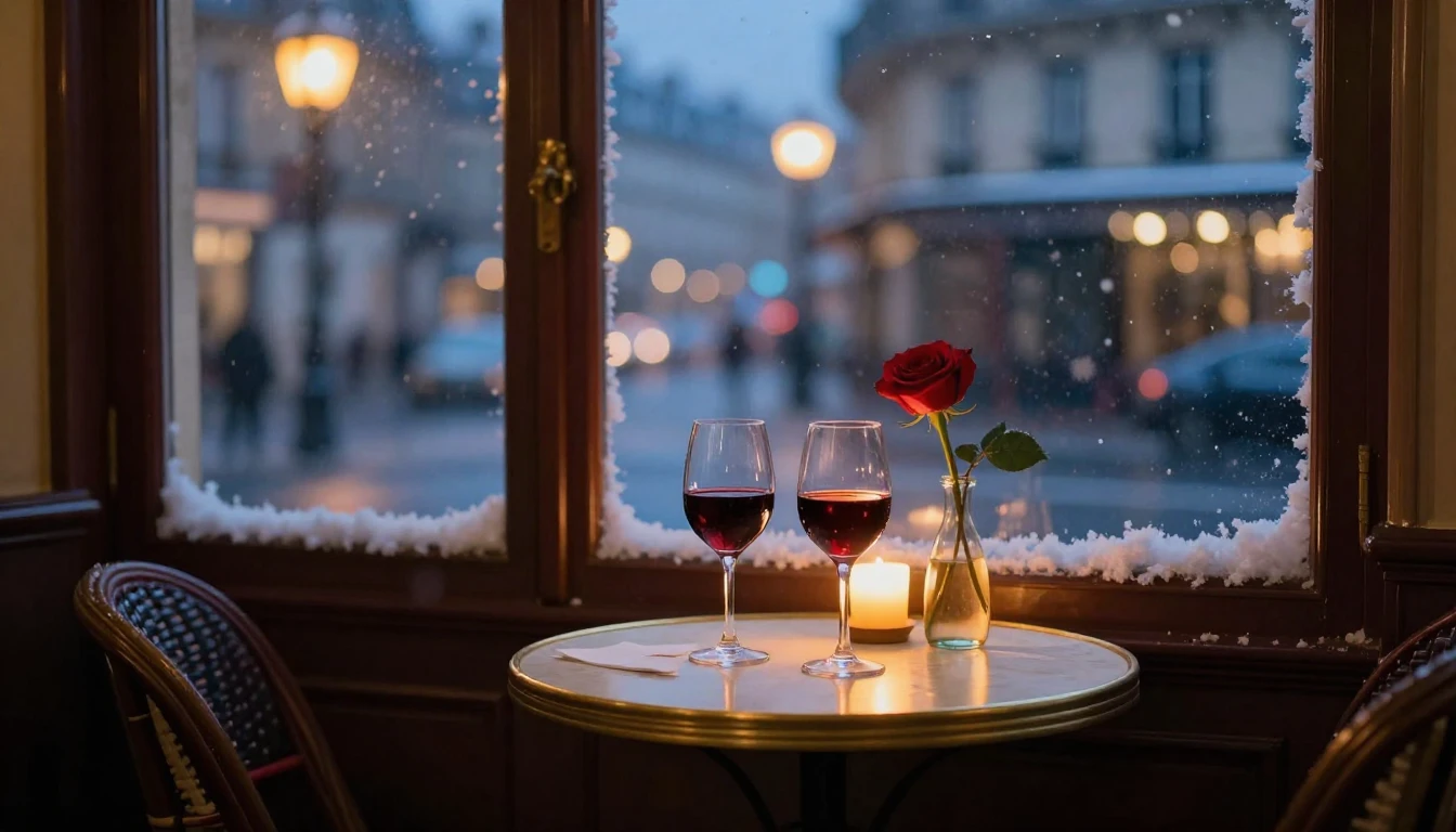 A romantic and intimate scene set in a cozy Parisian cafe at...