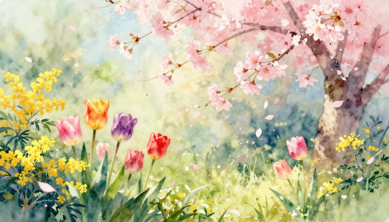 A breathtaking watercolor painting of a lush spring garden. ...