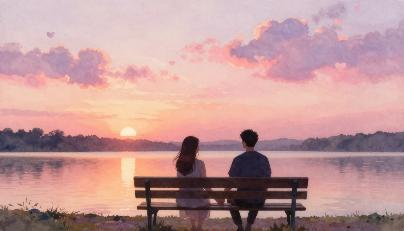 A romantic and dreamy watercolor painting focusing on two si...