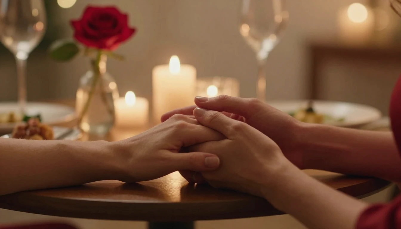 A warm and romantic close-up scene showing two hands holding...