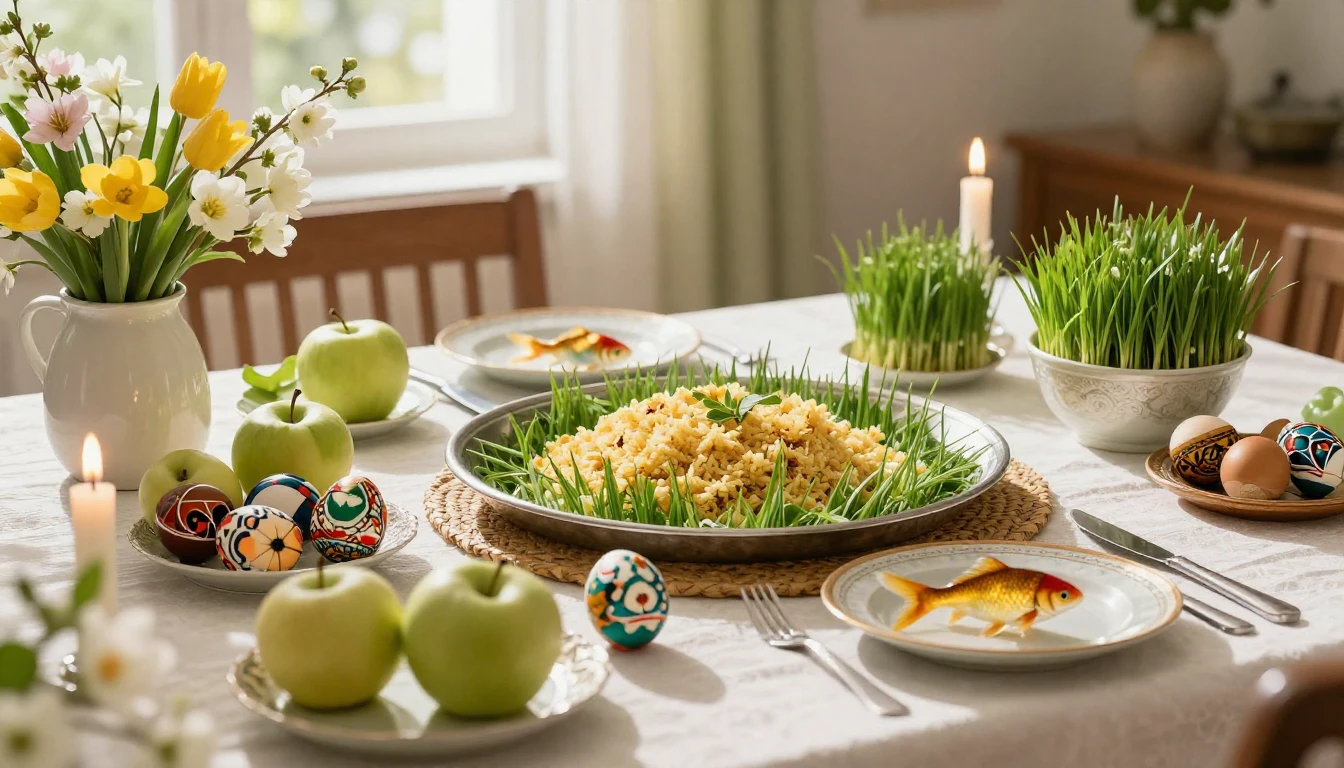 A vibrant and joyous Haft-Sin table set for Nowruz, surround...
