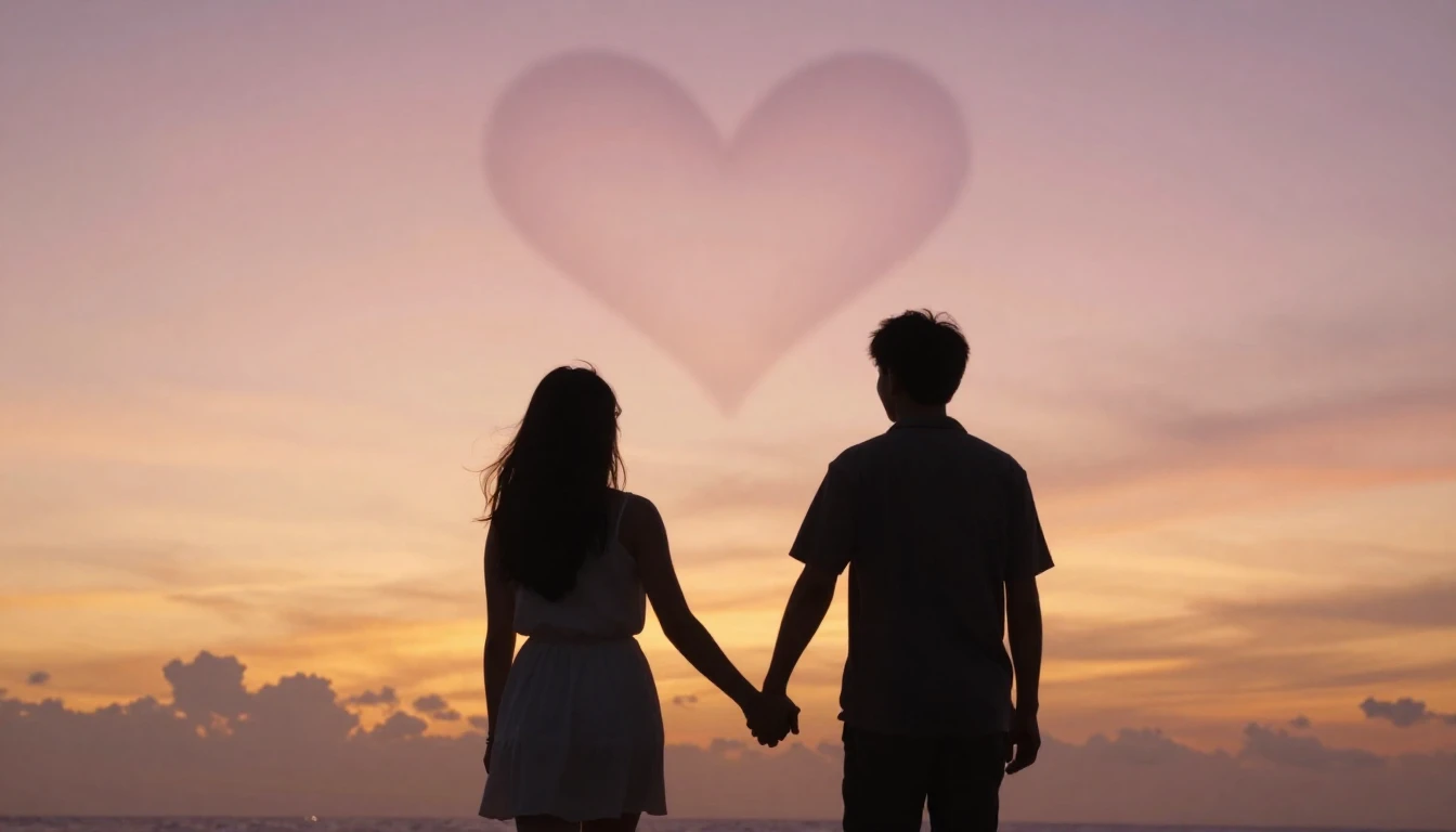 A cinematic, romantic scene of a couple holding hands walkin...