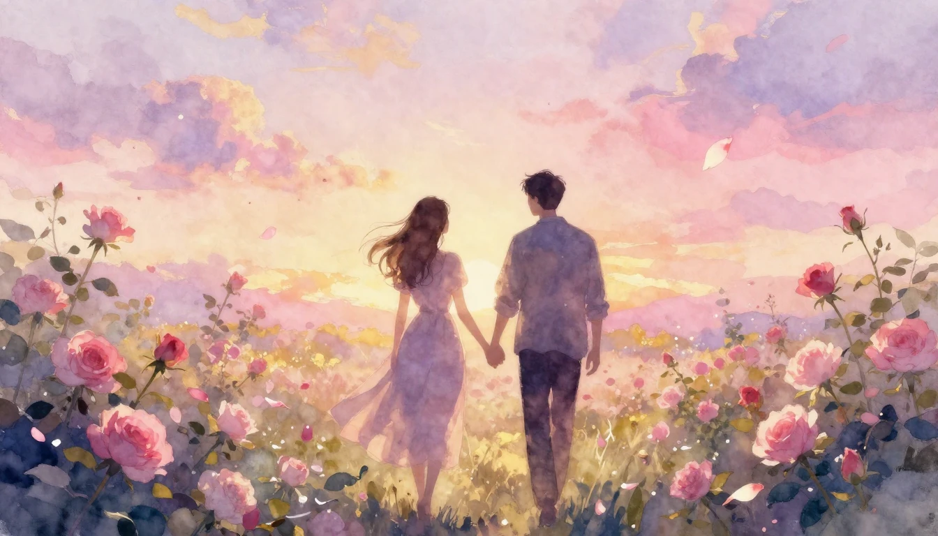 A dreamlike watercolor painting of two silhouettes walking h...