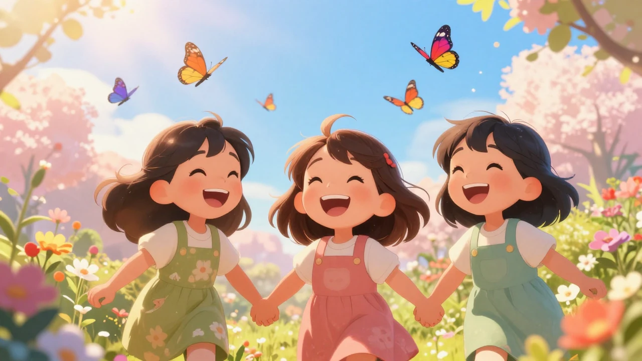 A warm and heartwarming illustration of cheerful young girls...