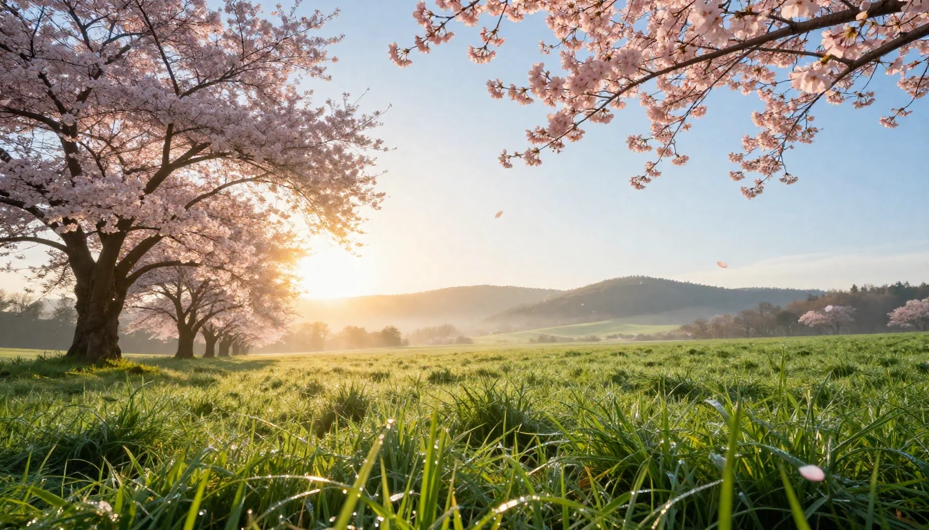 A breathtaking cinematic view of a lush meadow at sunrise. S...