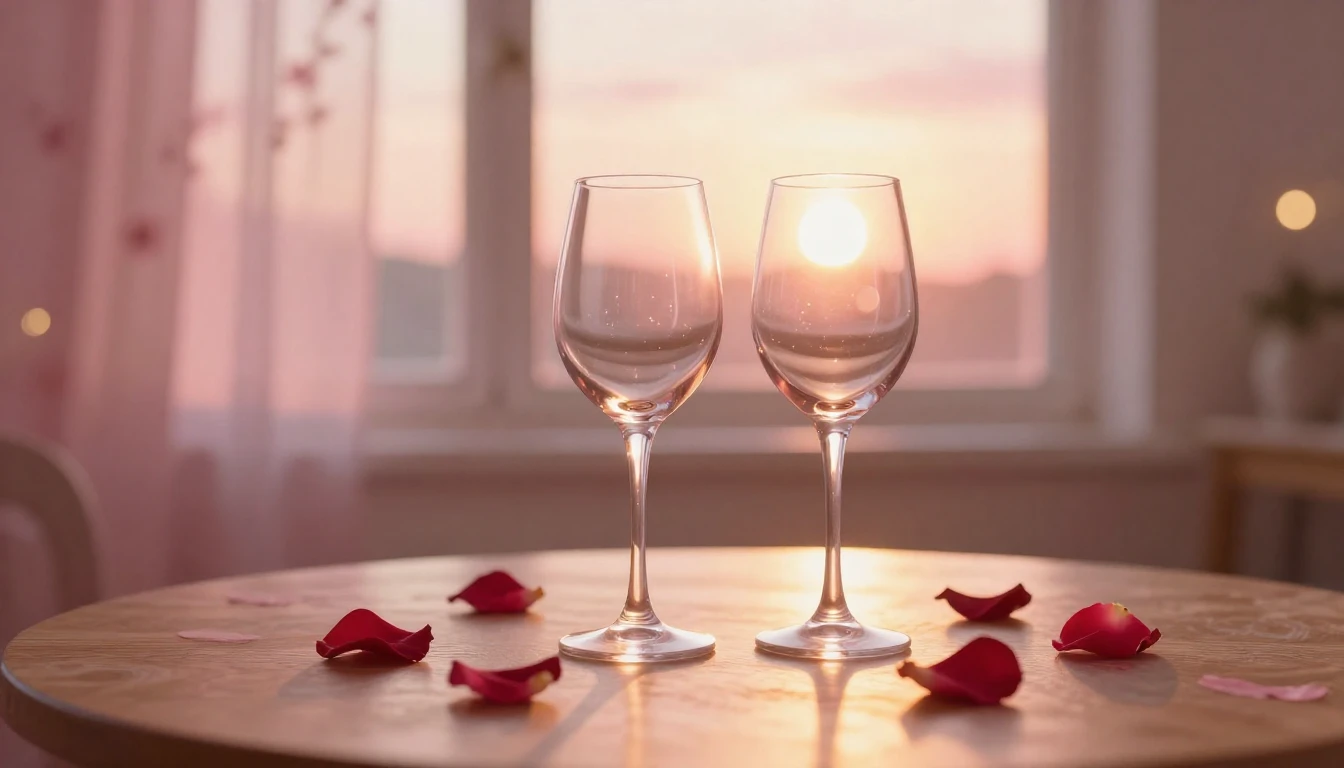 A soft and dreamy scene featuring two elegant wine glasses o...