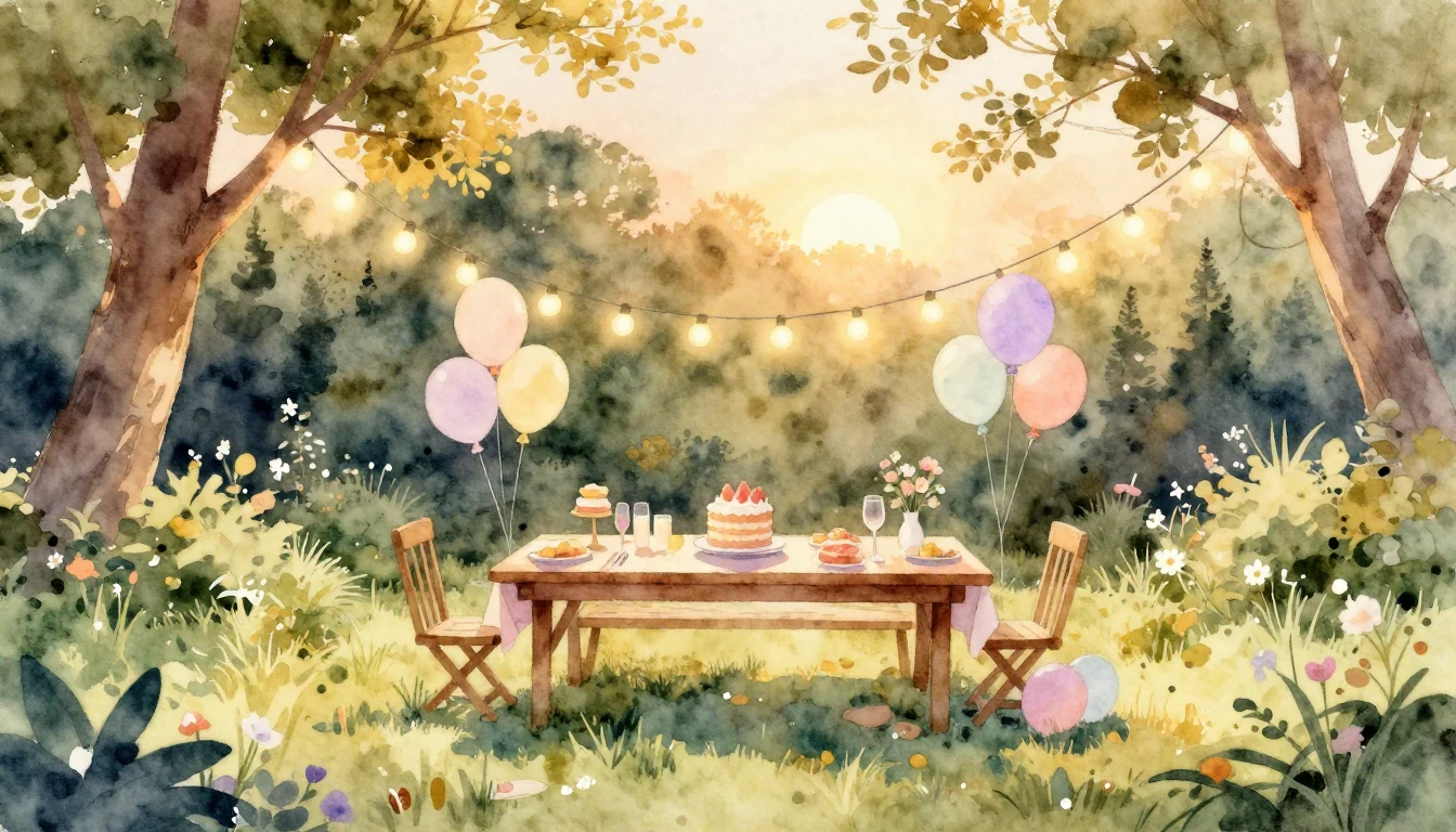 A beautiful watercolor painting of a cozy outdoor garden par...