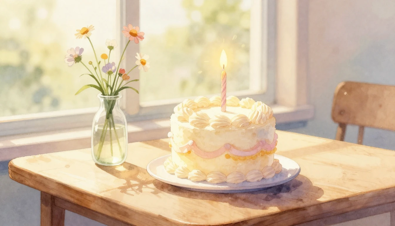 A soft watercolor illustration of a small, elegant birthday ...