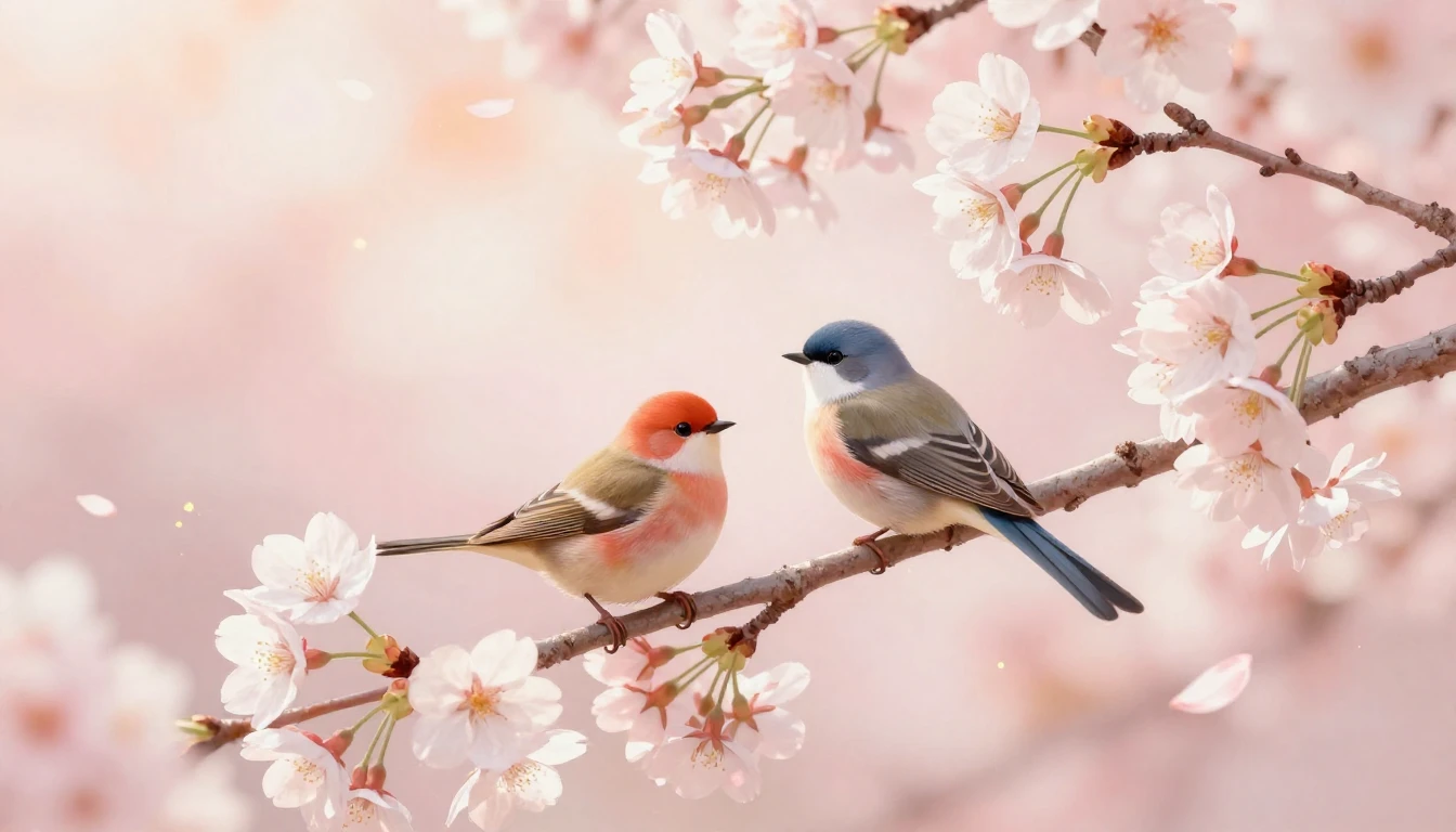 A beautiful and delicate scene featuring two stylized birds ...