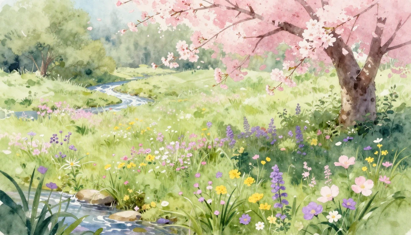 A beautiful watercolor painting of a lush spring meadow fill...
