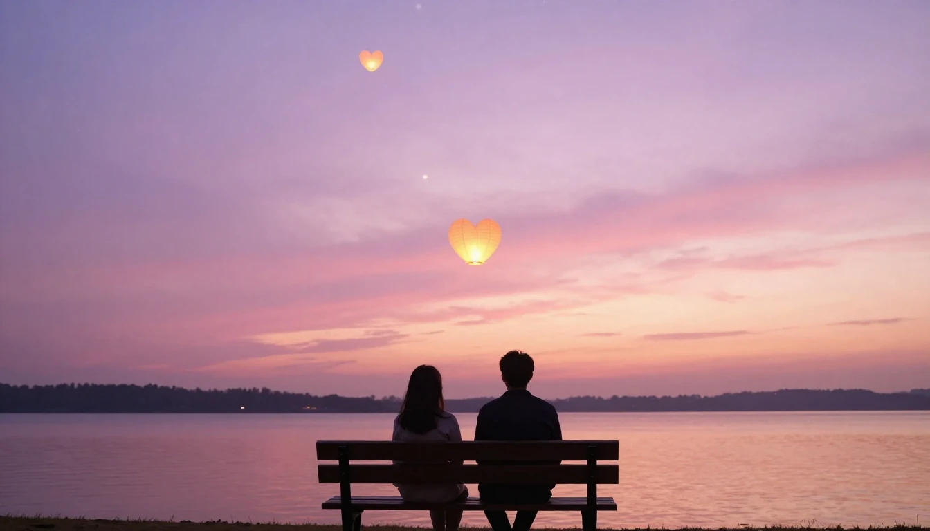 A romantic and ethereal composition depicting two silhouette...