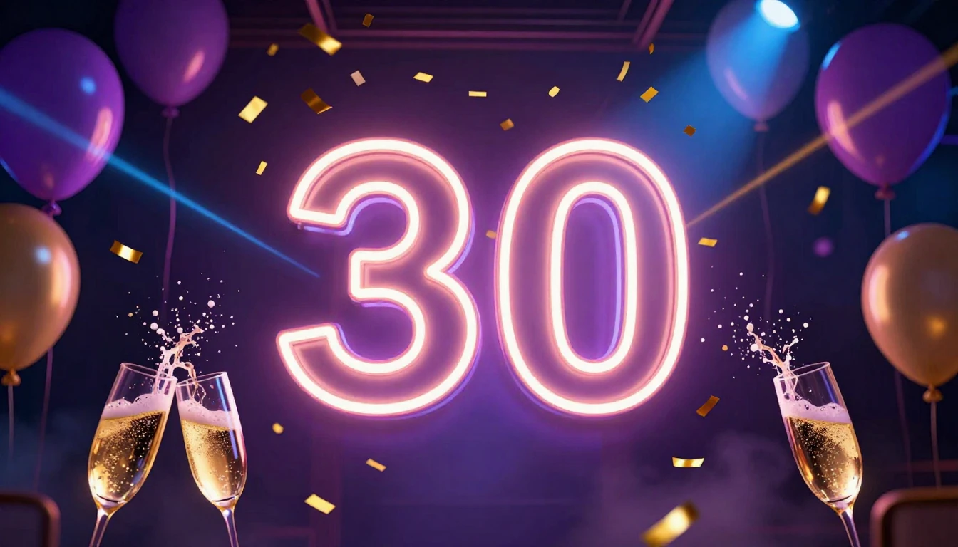 A vibrant and celebratory image featuring a large, glowing n...