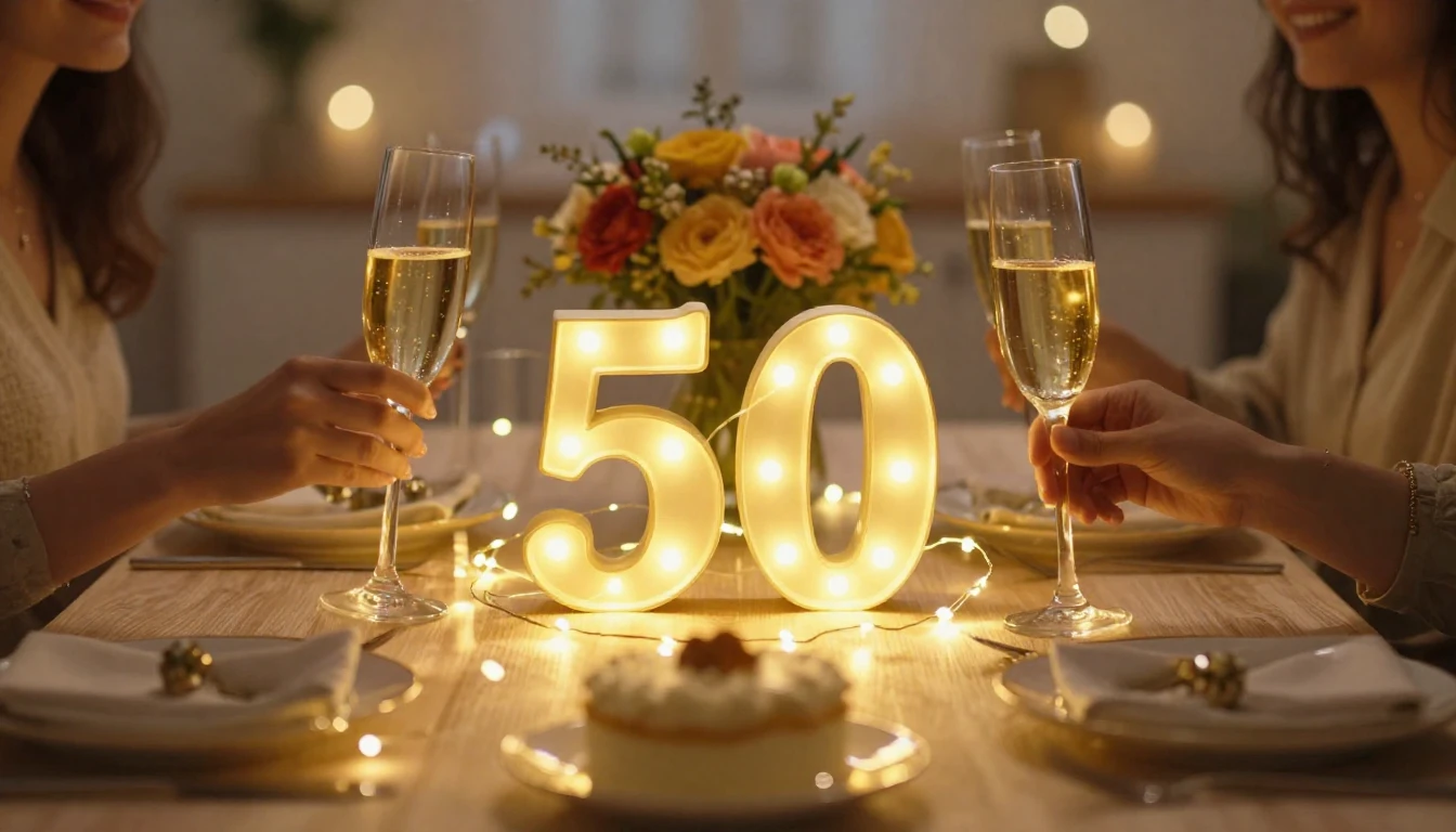 A beautifully decorated birthday table with a glowing golden...