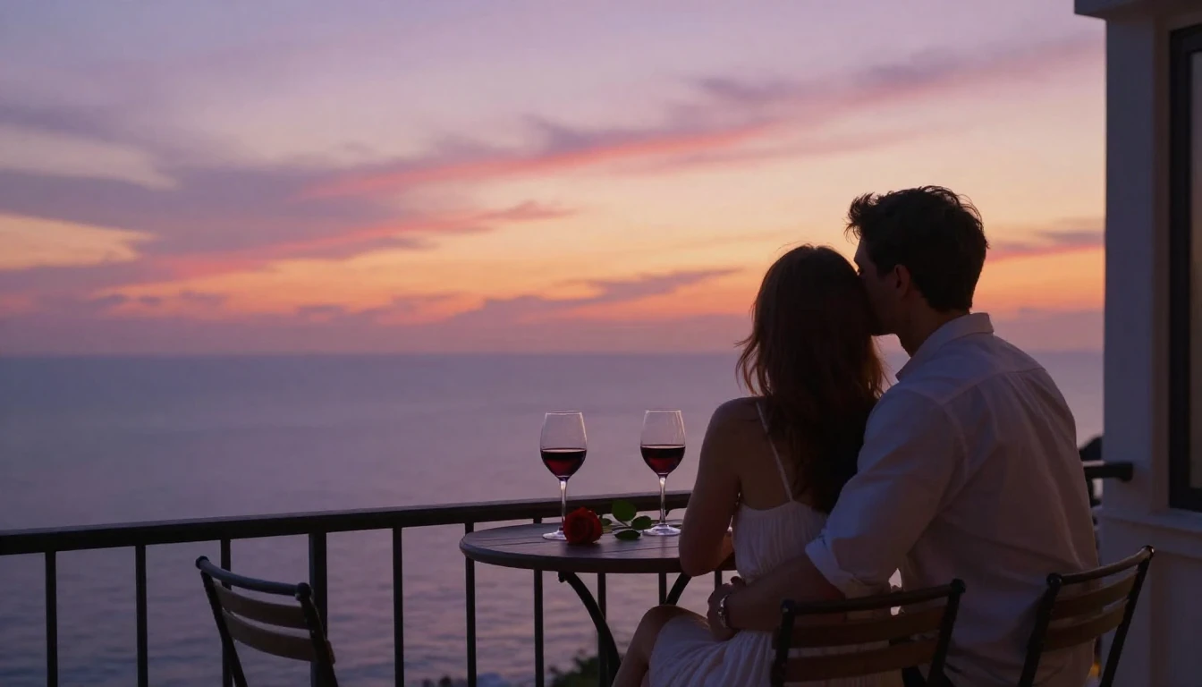 A romantic and intimate scene featuring a couple sitting clo...