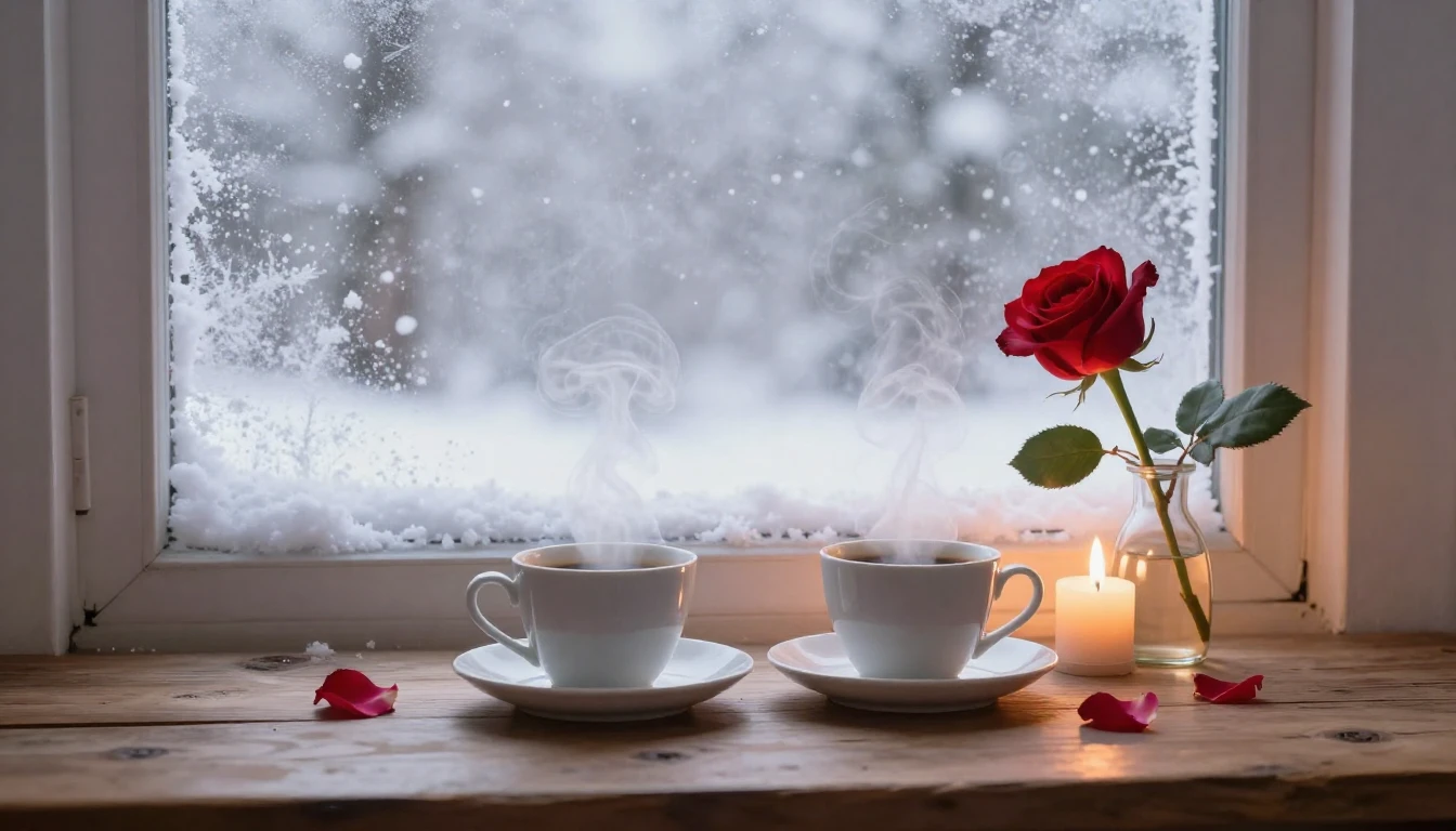 A romantic and cozy scene next to a frosted window with a vi...