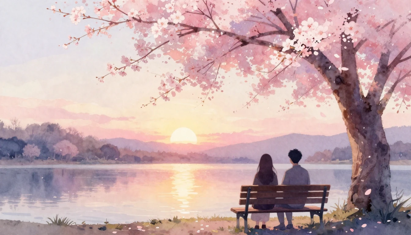 A dreamy watercolor painting of two silhouettes sitting toge...