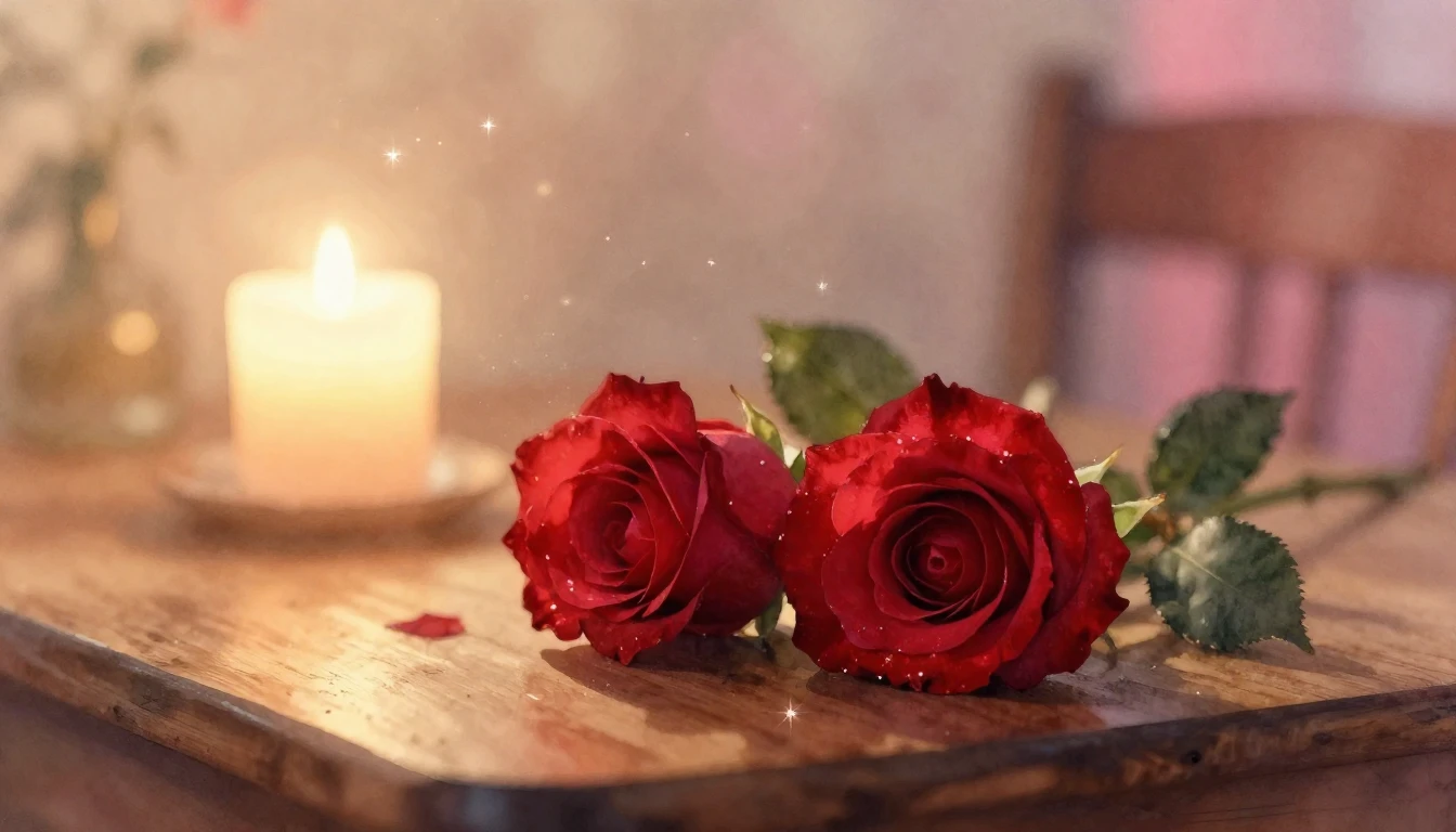 A delicate watercolor painting of two intertwined red roses ...