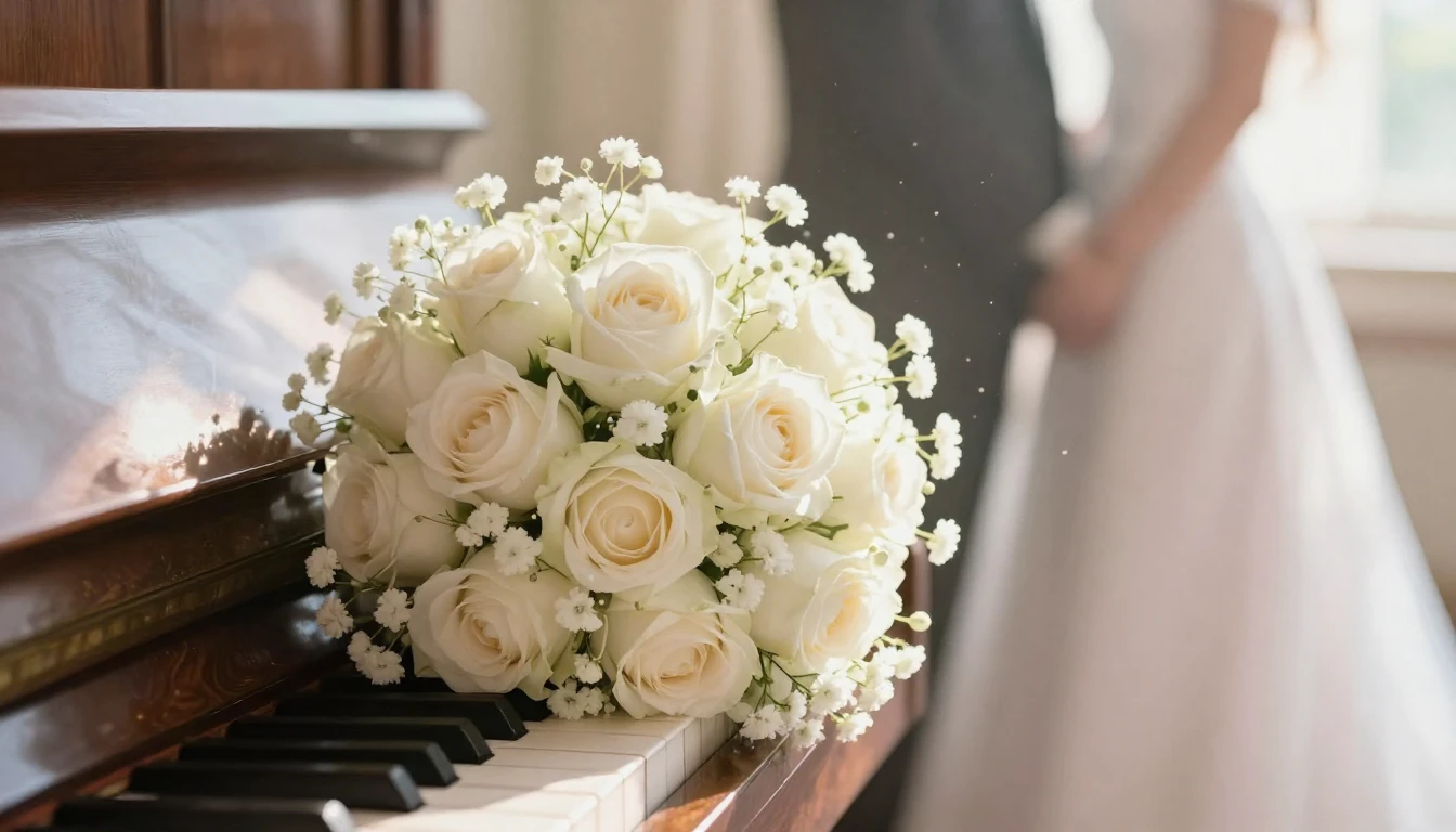 A warm and sentimental illustration of a wedding bouquet mad...