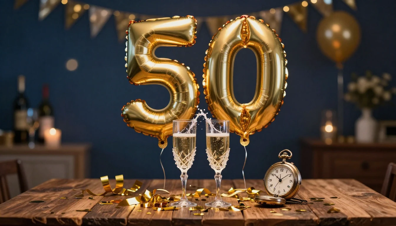 A festive and elegant composition symbolizing a 50th birthda...