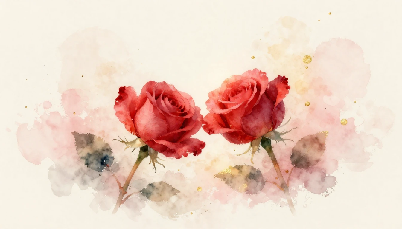 A beautiful watercolor painting of two delicate red roses le...