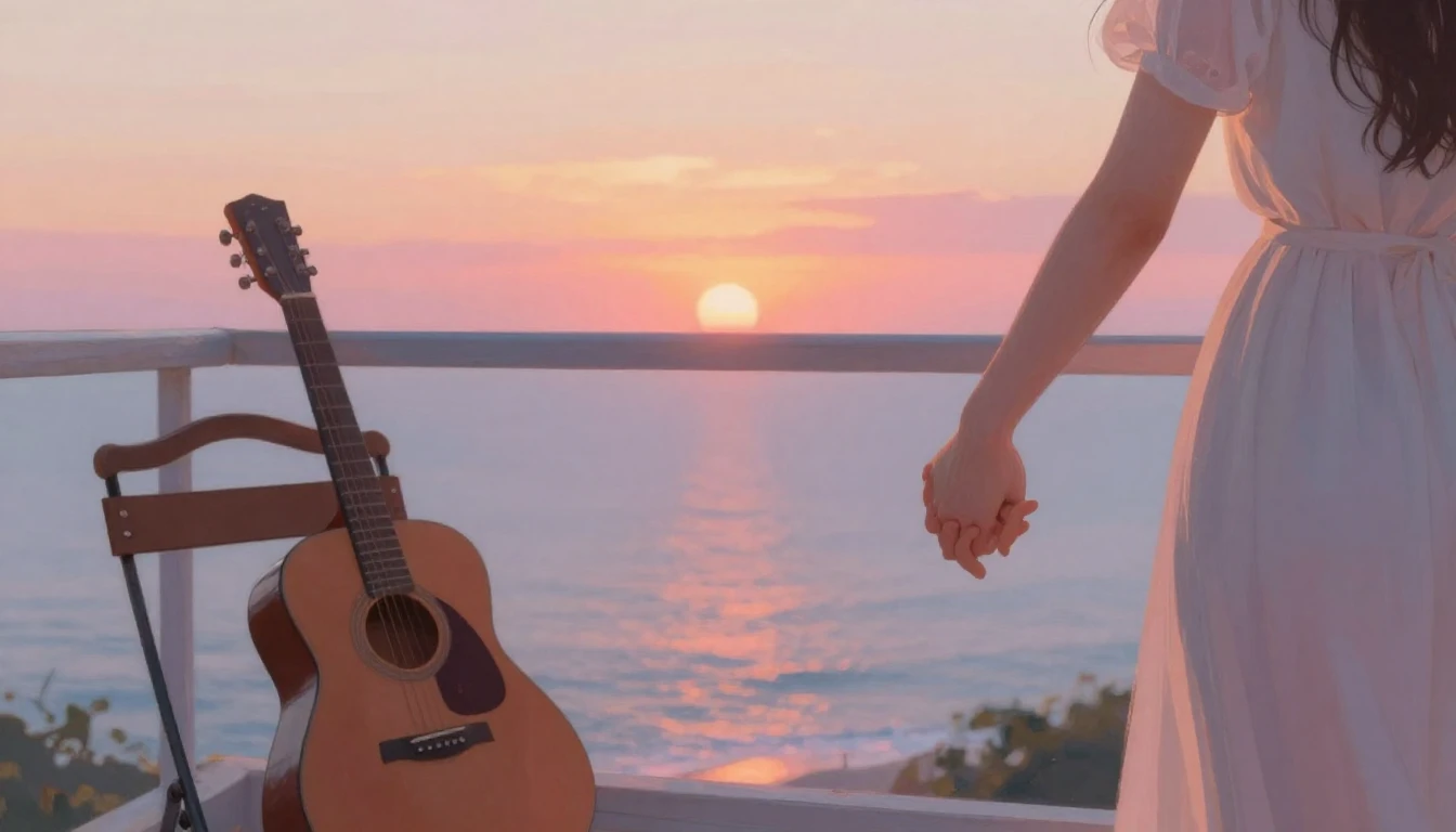 A soft and dreamy scene of a couple holding hands on a small...