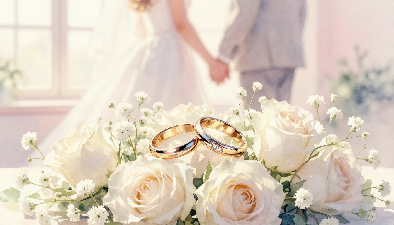 A soft and romantic watercolor painting depicting a pair of ...