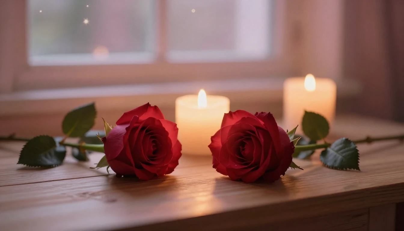 A soft and ethereal scene featuring two delicate red roses r...
