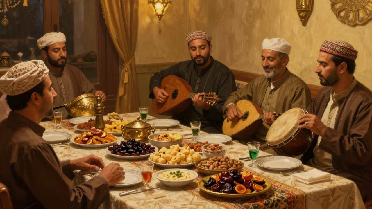 A warm and festive Middle Eastern gathering scene, featuring...