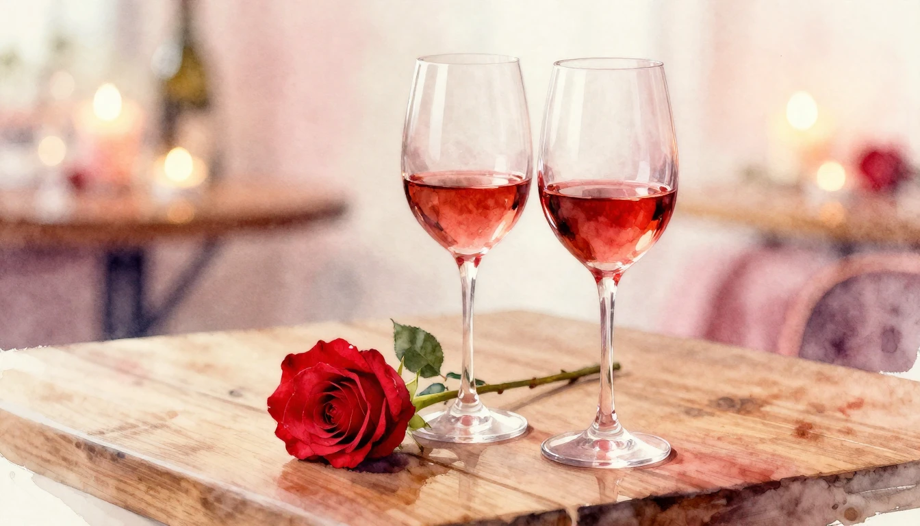 A delicate watercolor painting of two elegant wine glasses s...