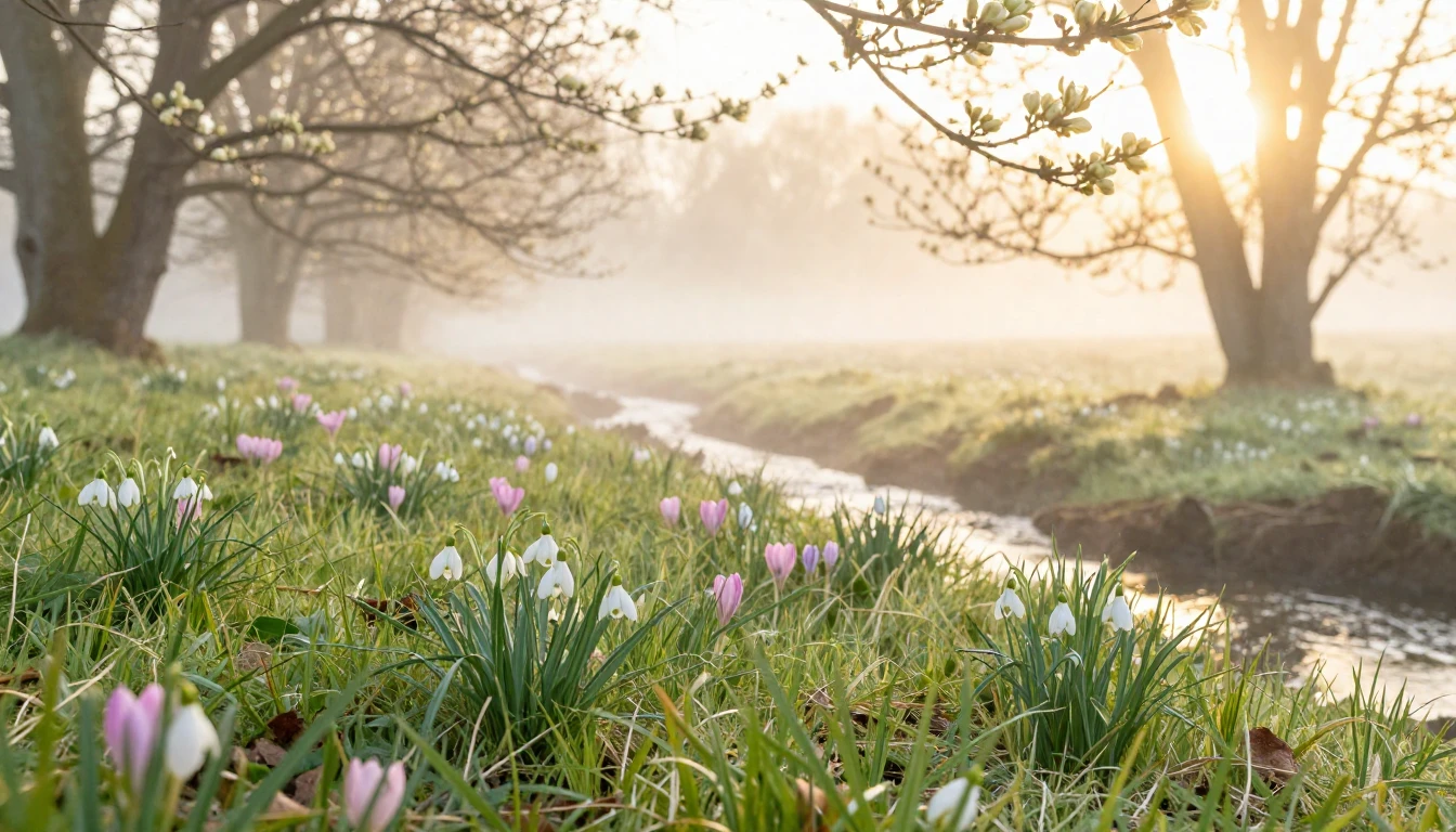 A serene spring landscape at dawn. Soft pastel colors of lig...