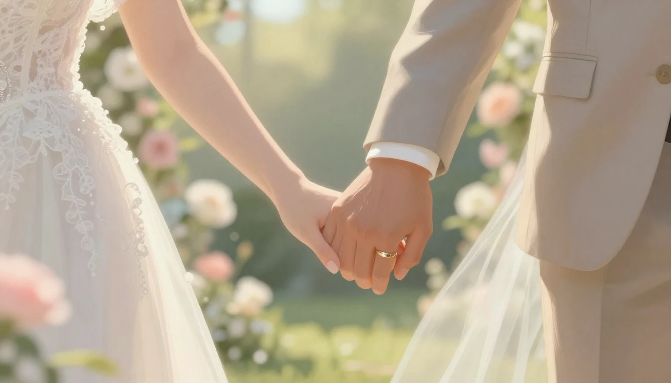 A soft and romantic close-up illustration of a bride and gro...