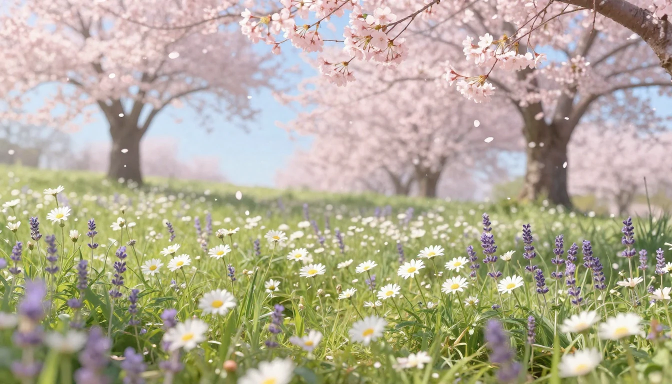 A serene spring landscape featuring a meadow filled with blo...