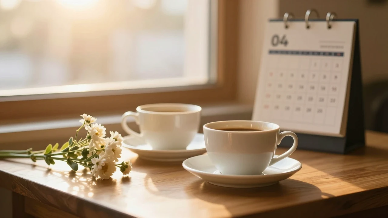 A warm and intimate romantic scene featuring two coffee cups...