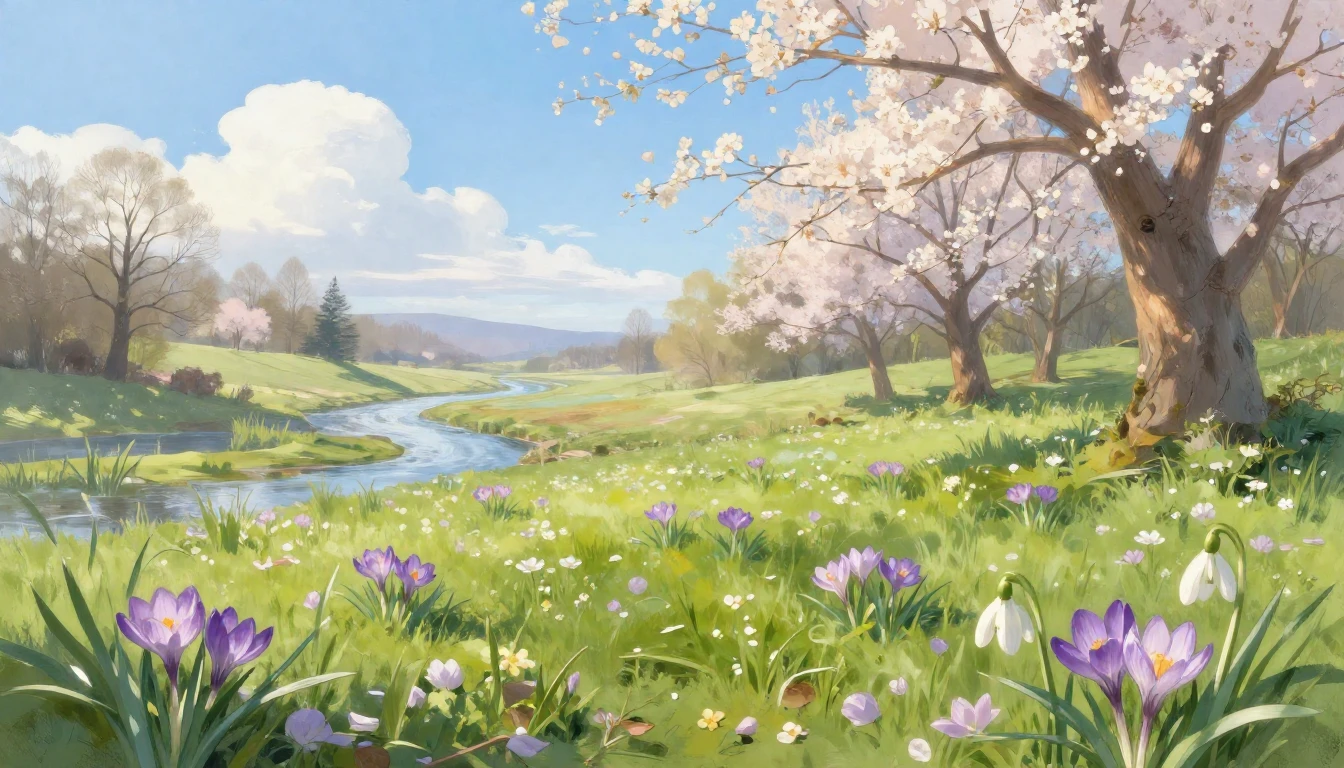 A serene landscape celebrating the first day of spring. Soft...