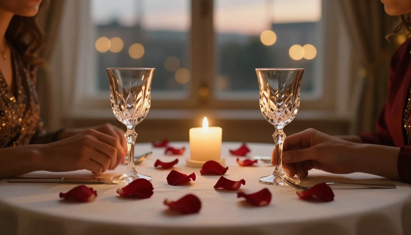 A close-up cinematic shot of a romantic dinner table set for...