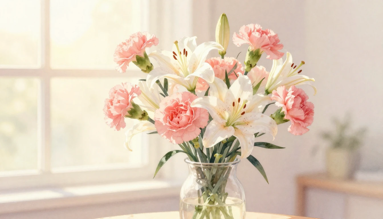 A delicate watercolor painting featuring a soft bouquet of p...