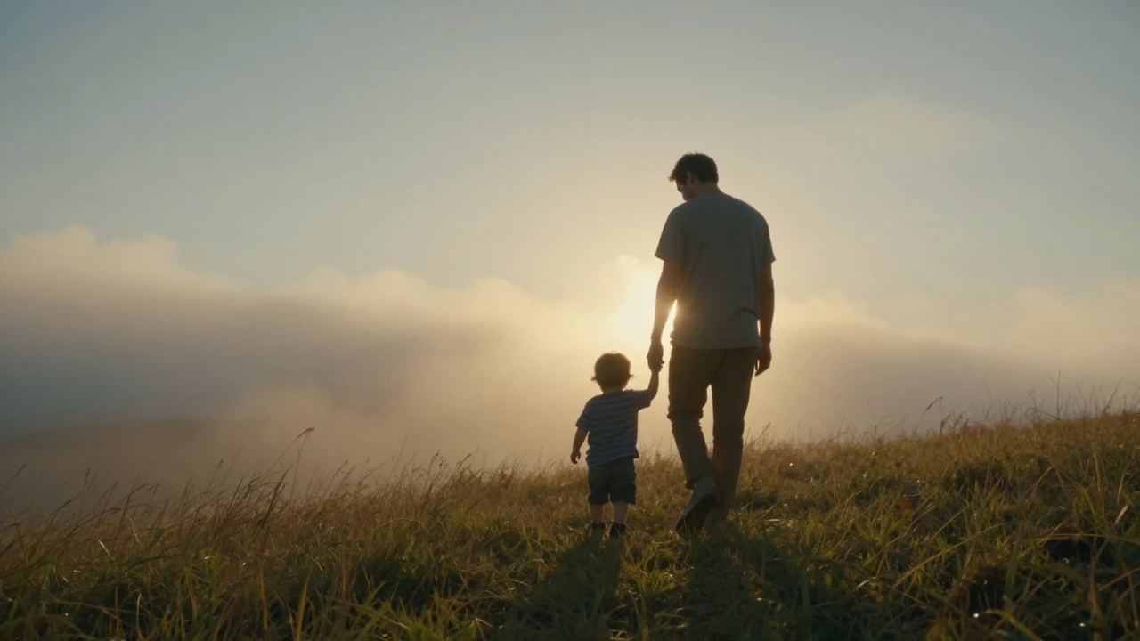 Cinematic shot of a father and small toddler son walking han...