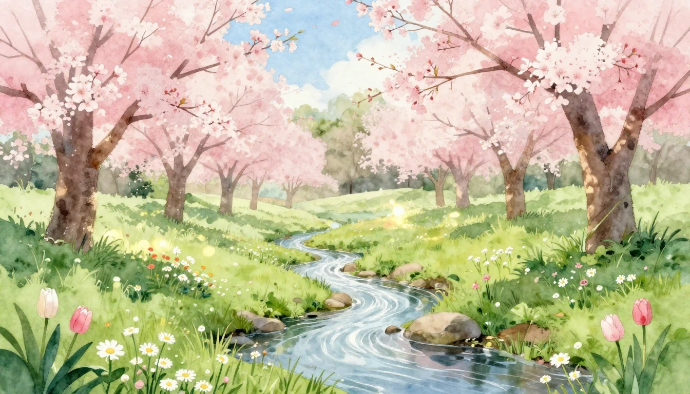 A serene spring landscape in a soft watercolor style. Delica...