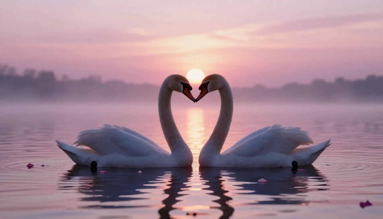 A dreamy and romantic scene featuring two silhouettes of swa...
