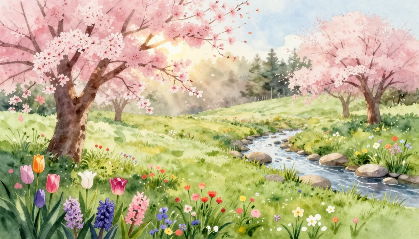 A vibrant watercolor painting of a lush meadow at dawn. Deli...