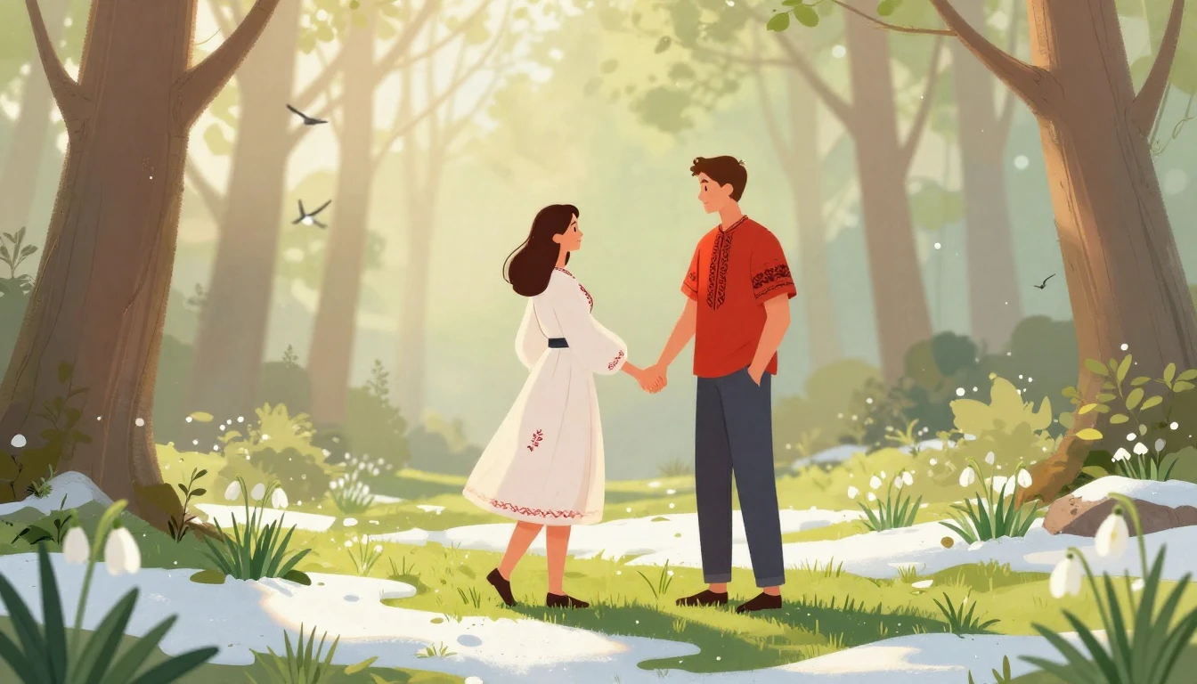 A romantic illustration of a young couple holding hands in a...