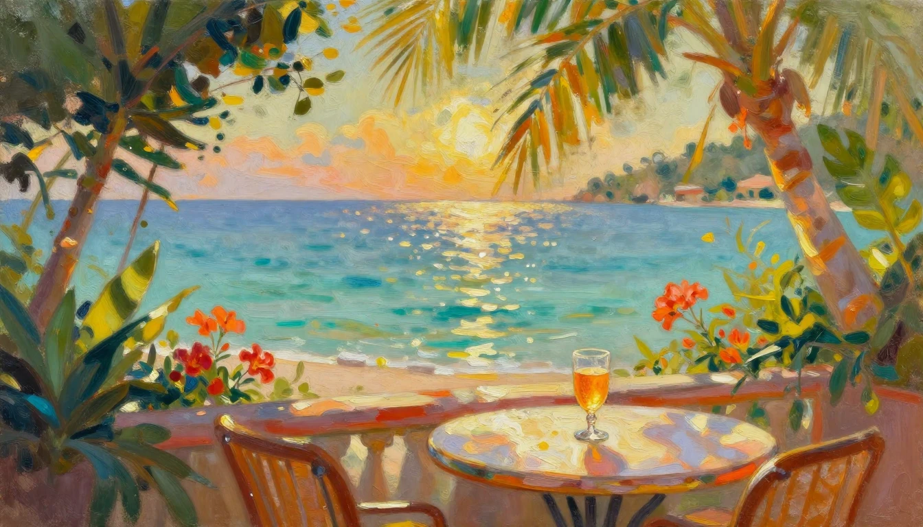 An impressionist oil painting of a sun-drenched outdoor terr...