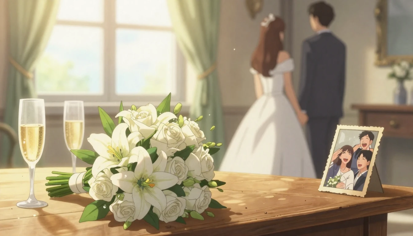 A sentimental anime-style illustration focusing on a wedding...
