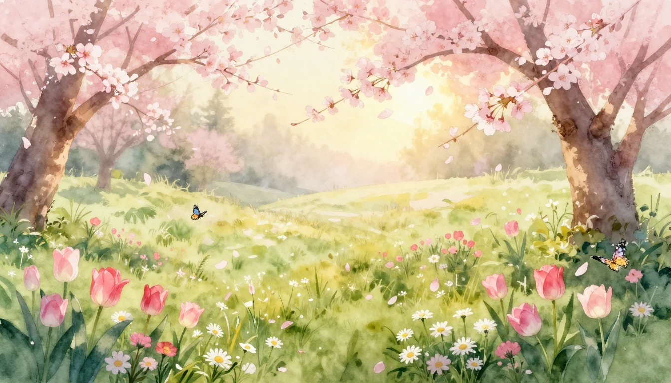 A beautiful watercolor painting of a lush spring meadow at s...