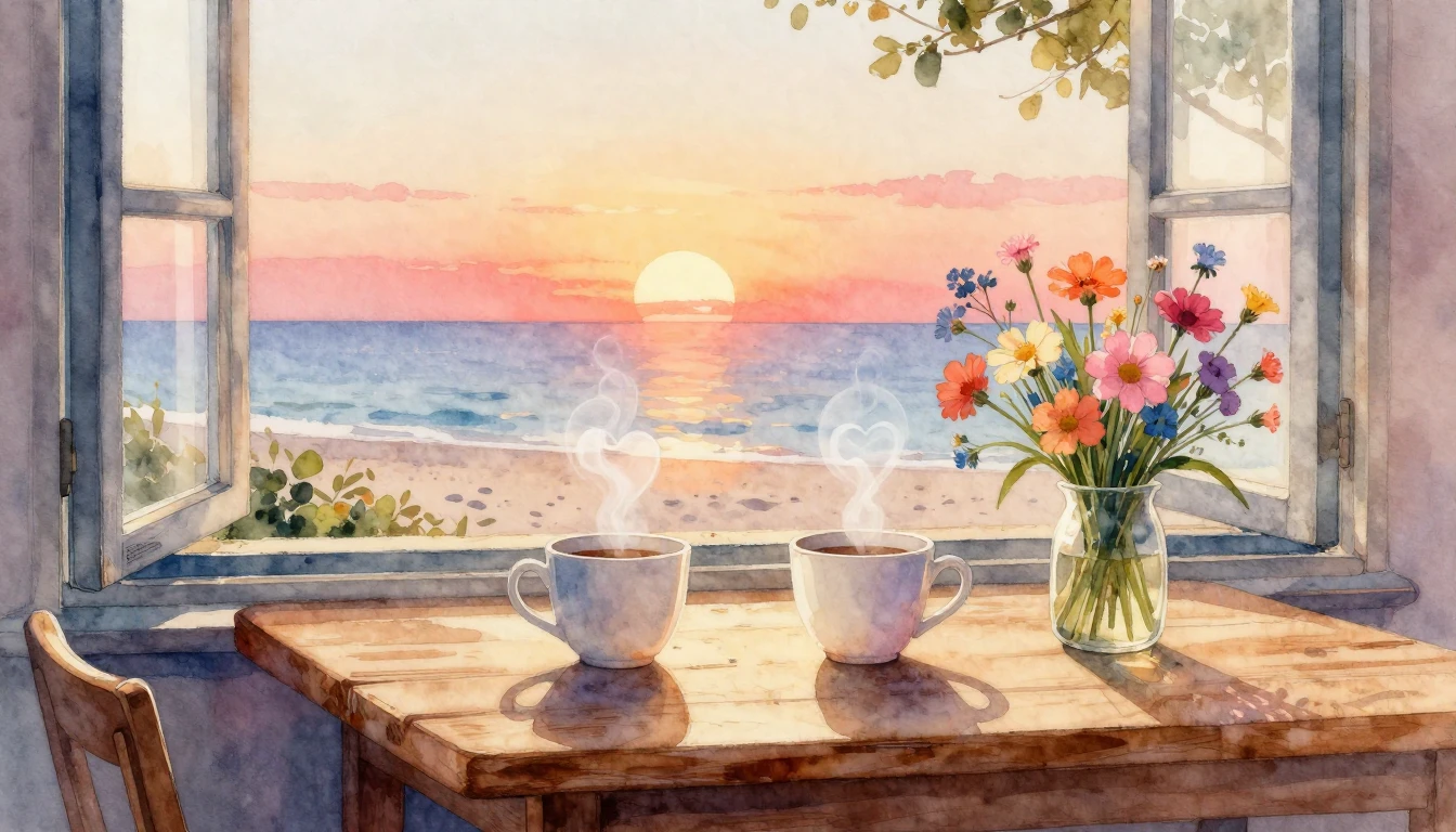 A soft and artistic watercolor painting depicting a cozy woo...