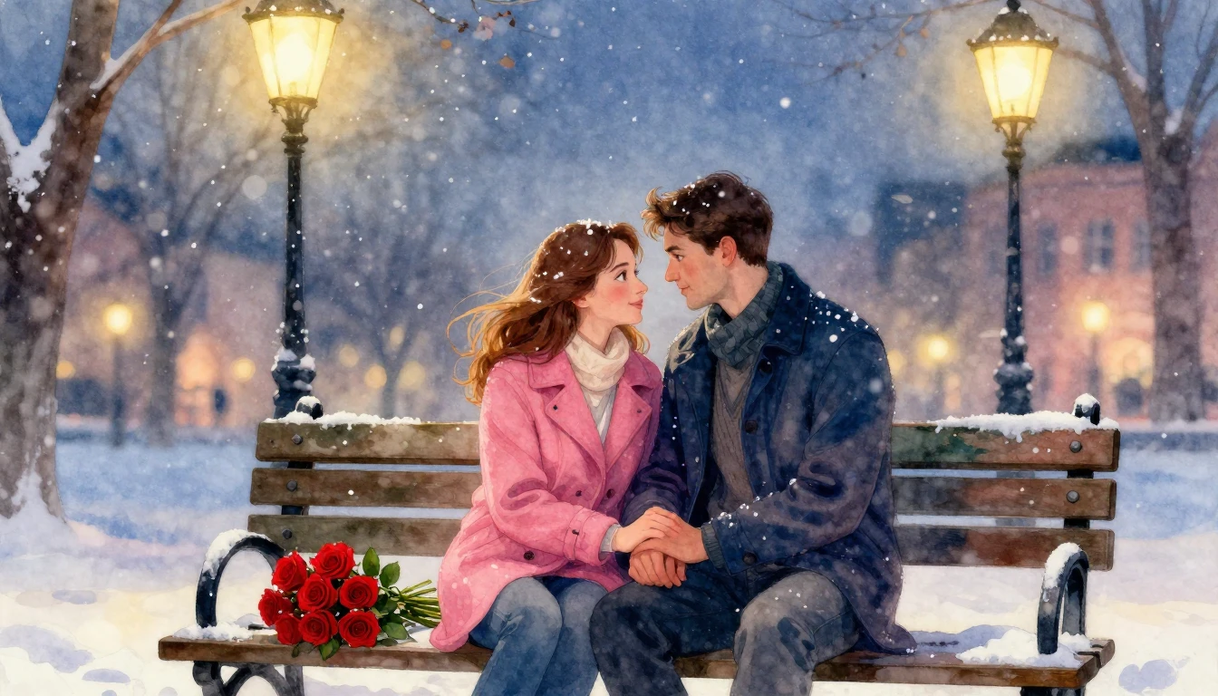 A romantic watercolor painting of a loving couple sitting on...