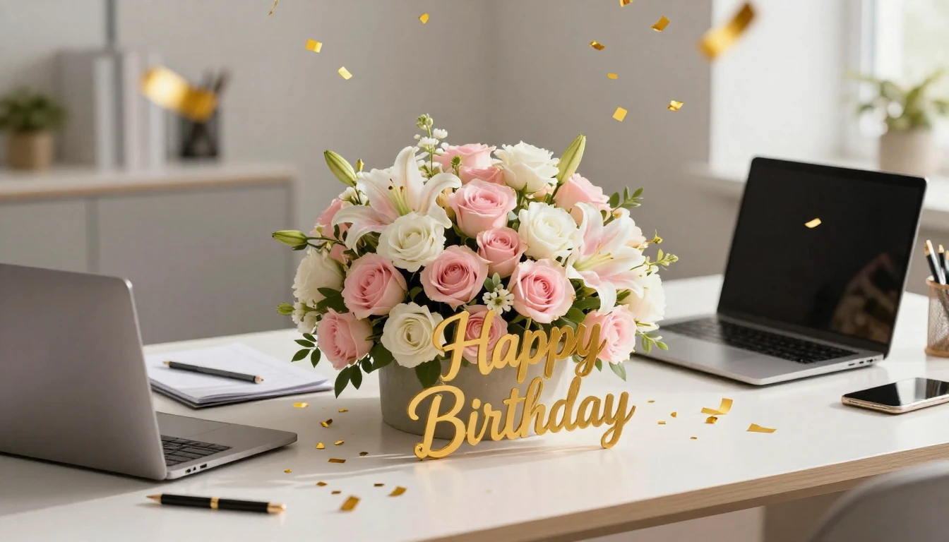 A modern and elegant office desk prepared for a birthday cel...