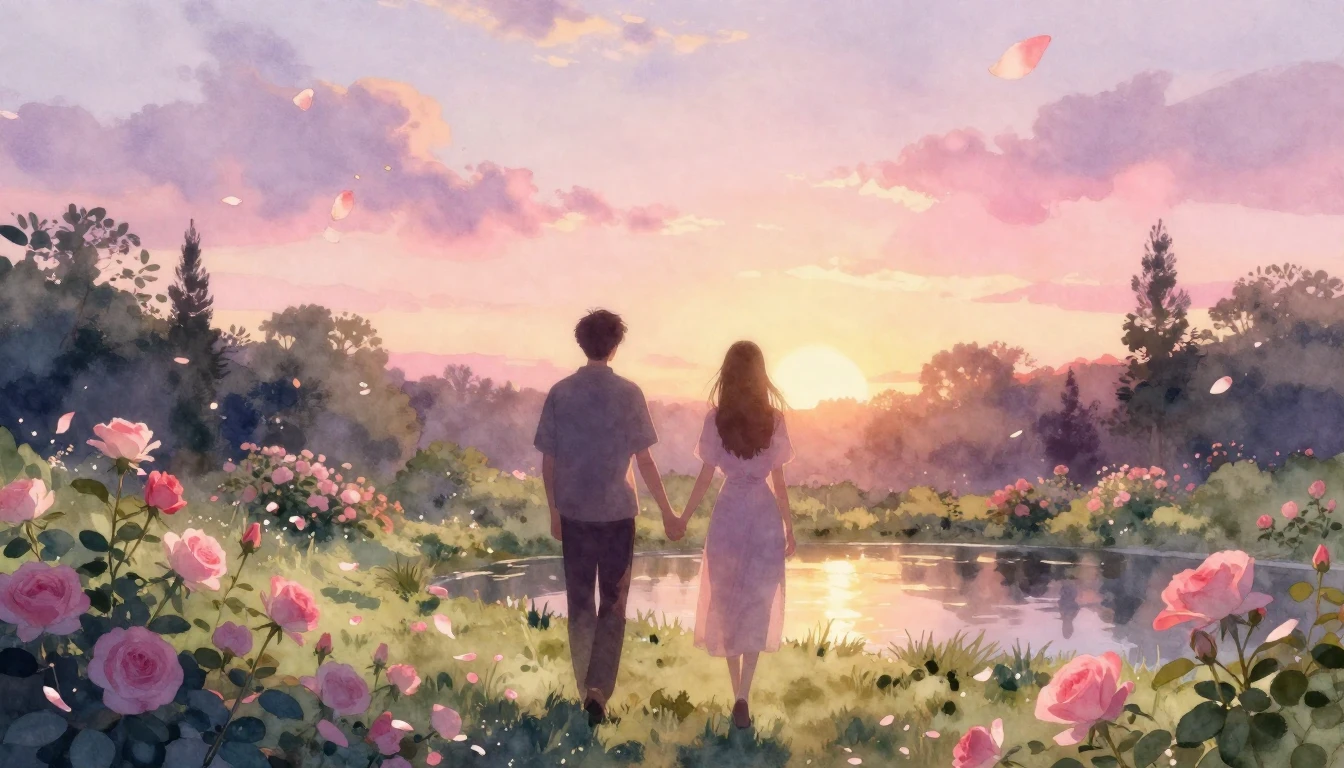 A dreamlike watercolor painting of two silhouettes walking h...